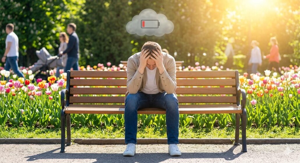 Hombre sentado en un banco del parque con las manos en la cabeza y un icono de sin batería sobre él