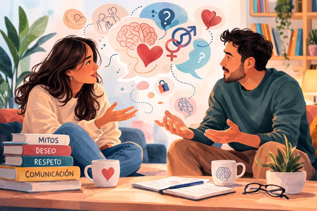 Ilustración hecha por IA de una pareja joven hablando en el salón de su casa