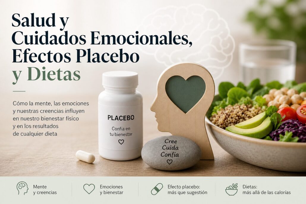 Cartel sobre los cuidados emocionales, efectos placebos y dietas